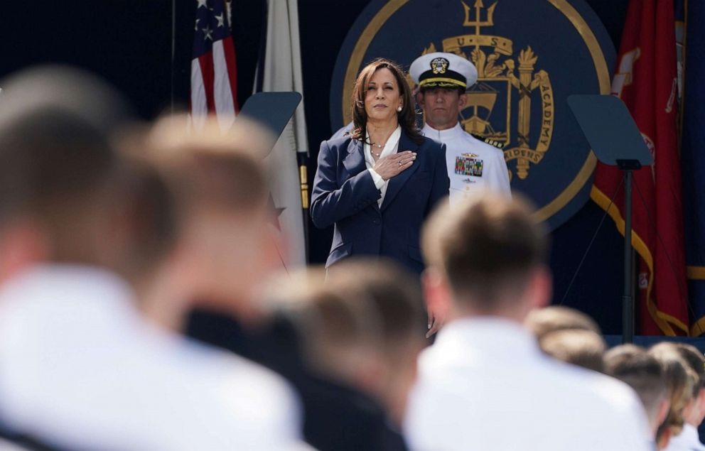 PHOTO: Vice President Kamala Harris puts her hand to her heart during the graduation and commissioning ceremony for the U.S. Naval Academy's Class of 2021, at the U.S. Naval Academy in Annapolis, Md., May 28, 2021.