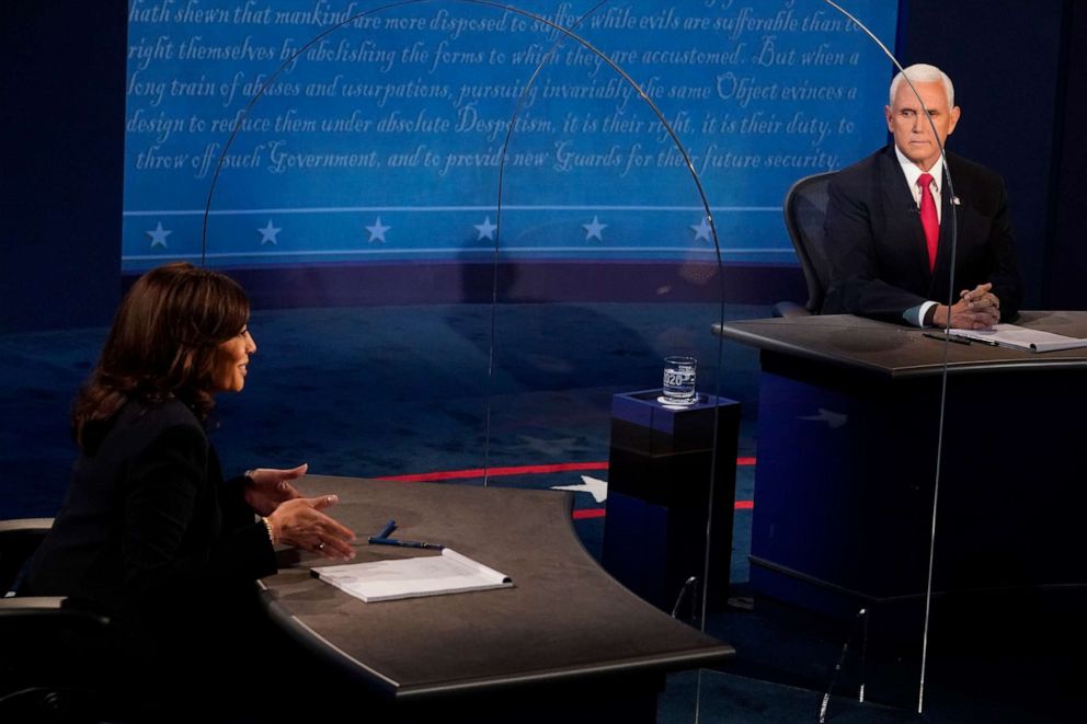 PHOTO: Democratic vice presidential nominee Sen. Kamala Harris and Vice President Mike Pence participate in the vice presidential debate at the University of Utah on Oct. 7, 2020, in Salt Lake City, Utah.