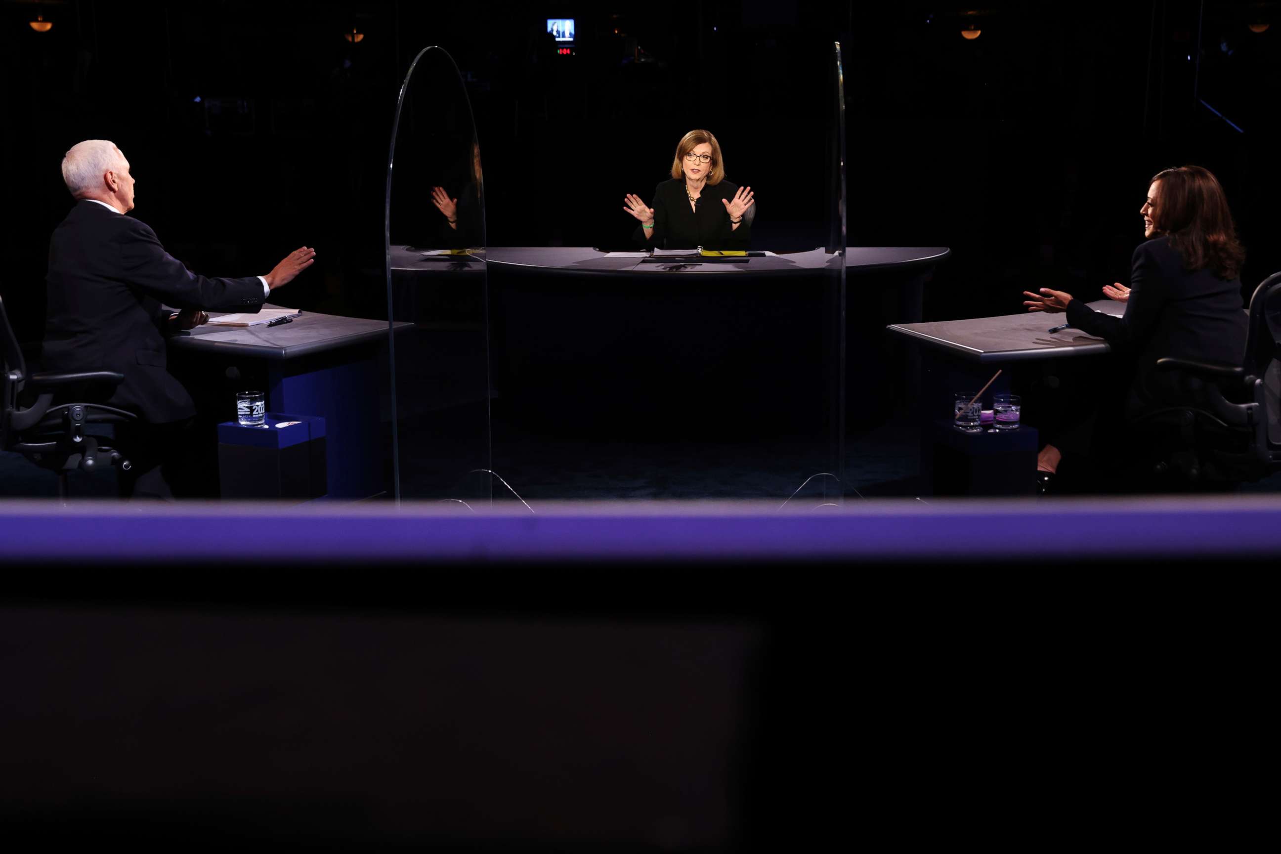 PHOTO: Vice President Mike Pence, Democratic vice presidential candidate Sen. Kamala Harris and moderator Susan Page all speak at the same time during the vice presidential debate, Oct. 7, 2020, at University of Utah in Salt Lake City.