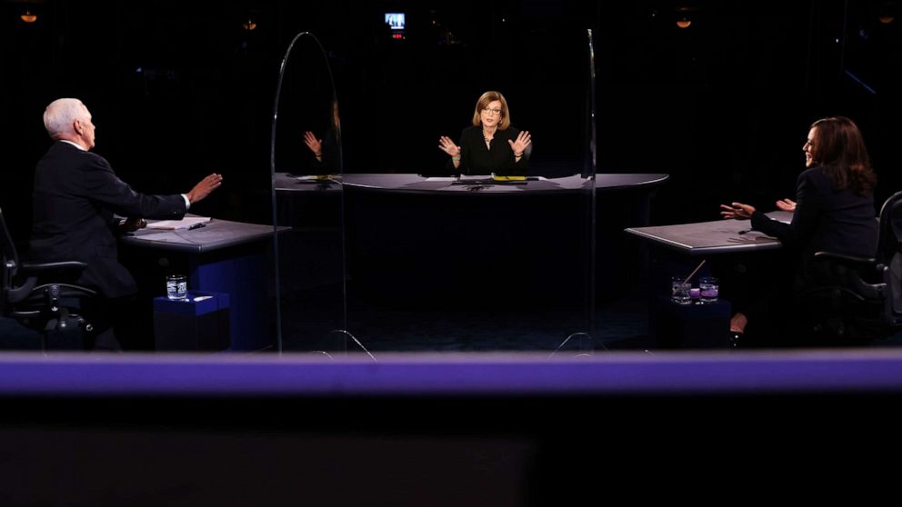 PHOTO: Vice President Mike Pence, Democratic vice presidential candidate Sen. Kamala Harris and moderator Susan Page all speak at the same time during the vice presidential debate, Oct. 7, 2020, at University of Utah in Salt Lake City.