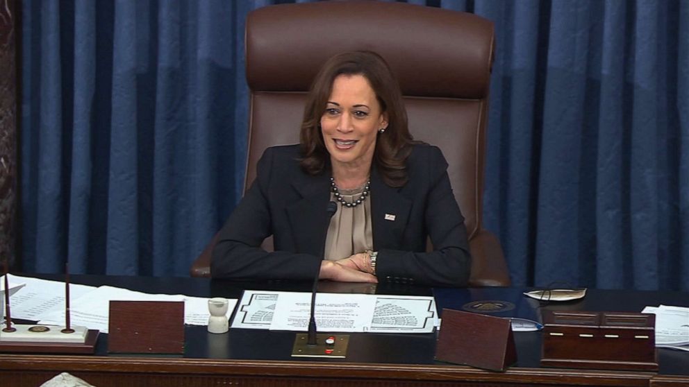 PHOTO: Vice President Kamala Harris presides over the confirmation vote in the Senate, for Ketanji Brown Jackson to the Supreme Court, April 7, 2022.