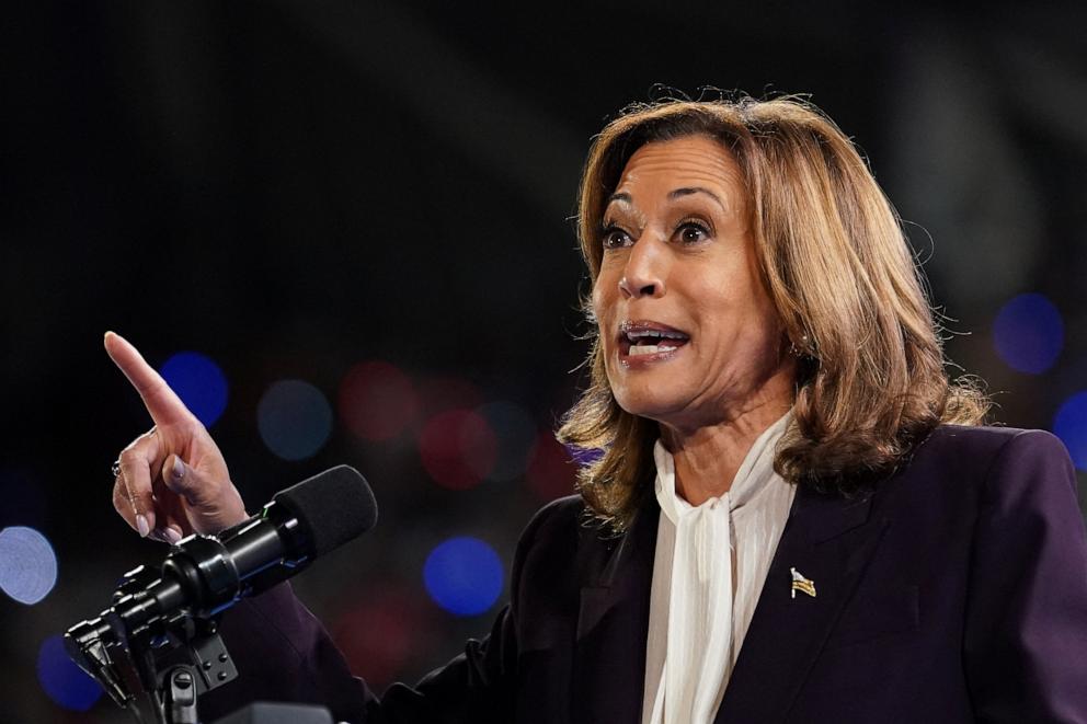 PHOTO: Democratic presidential nominee U.S. Vice President Kamala Harris speaks at her campaign rally with singer Beyonce, in Houston, Oct 25. 2024.