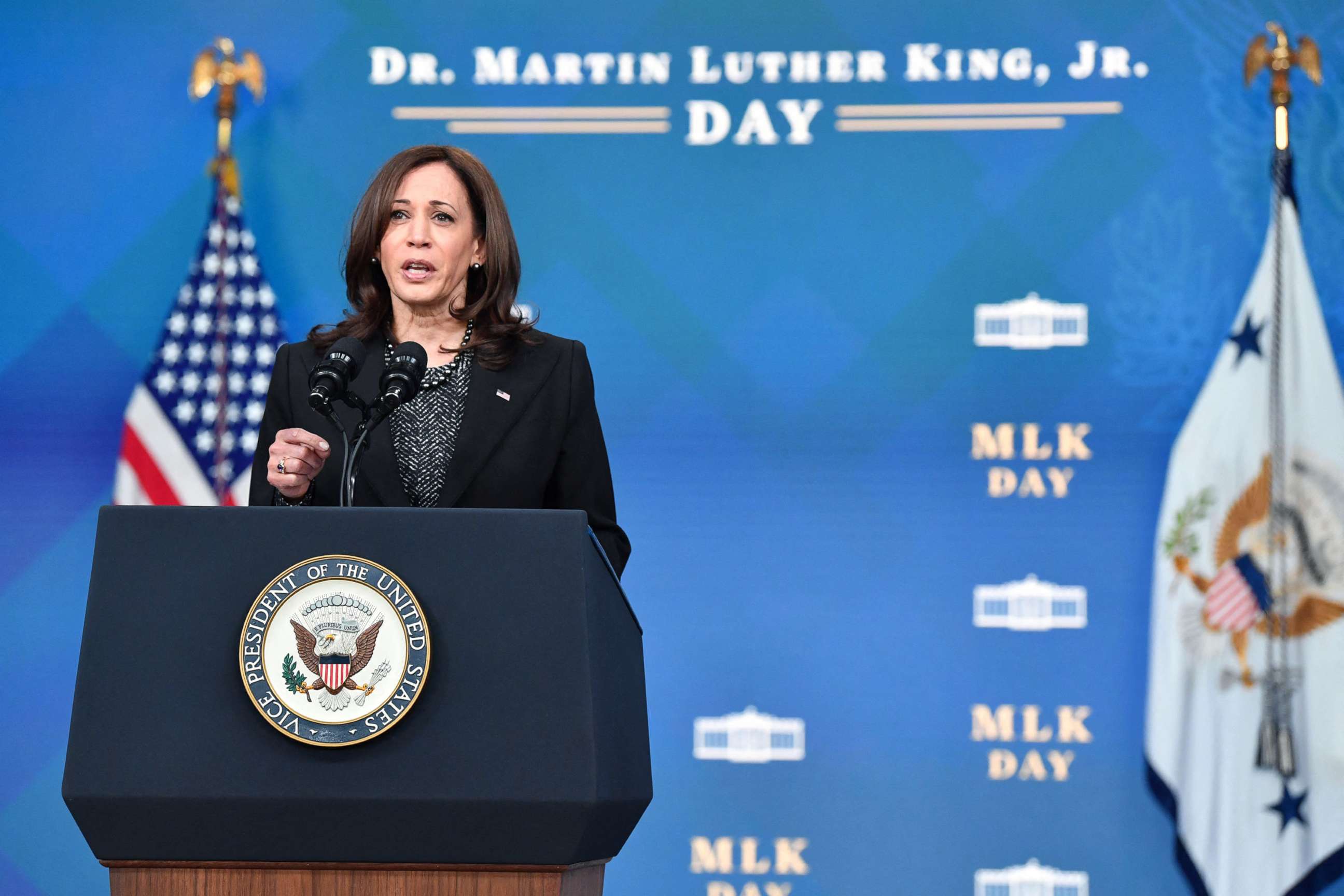 PHOTO: Vice President Kamala Harris delivers virtual remarks to the Historic Ebenezer Baptist Church in Atlanta on Martin Luther King Day, from the South Court Auditorium of the White House in Washington, D.C., Jan. 17, 2022.