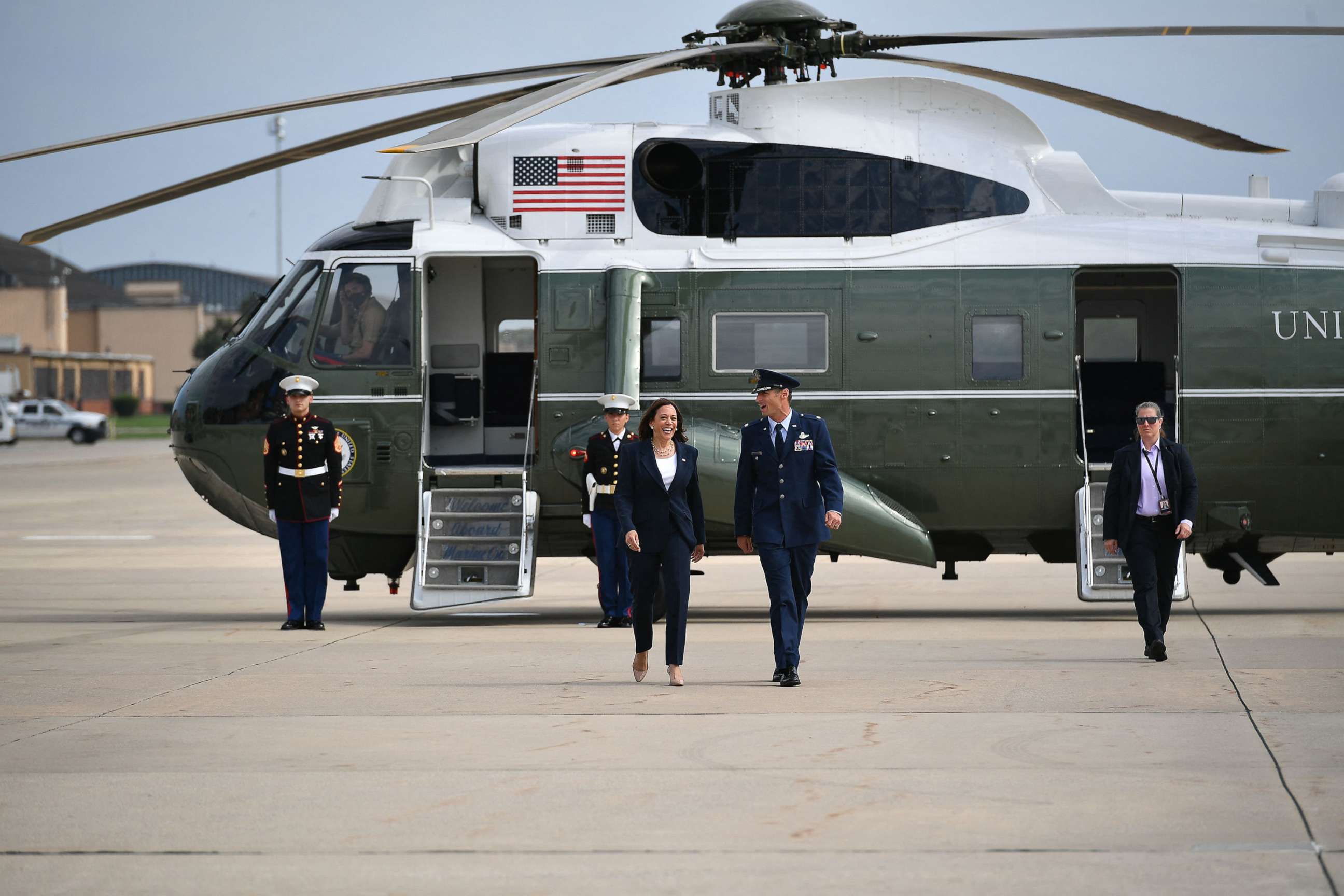PHOTO: Vice President Kamala Harris makes her way to board a plane before departing from Andrews Air Force Base in Maryland on June 14, 2021. Harris is traveling to Greenville, South Carolina to kick off a national vaccination tour.