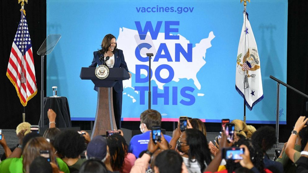 PHOTO: Vice President Kamala Harris speaks after visiting a vaccine mobilization event at the Phillis Wheatley Community Center in Greenville, S.C. on June 14, 2021.