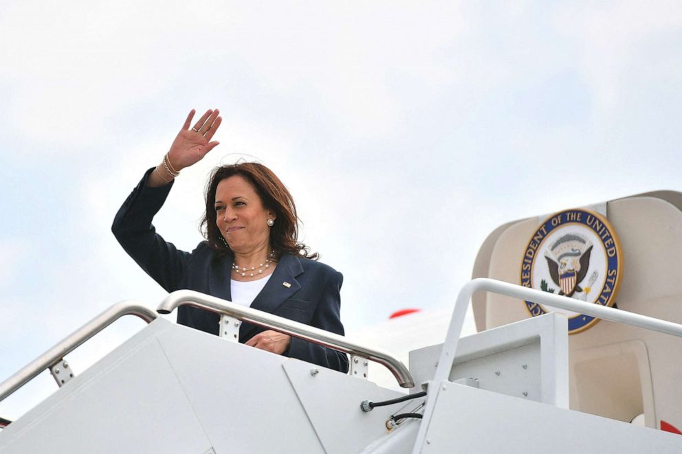 PHOTO: Vice President Kamala Harris makes her way to board a plane before departing from Andrews Air Force Base in Maryland on June 14, 2021.