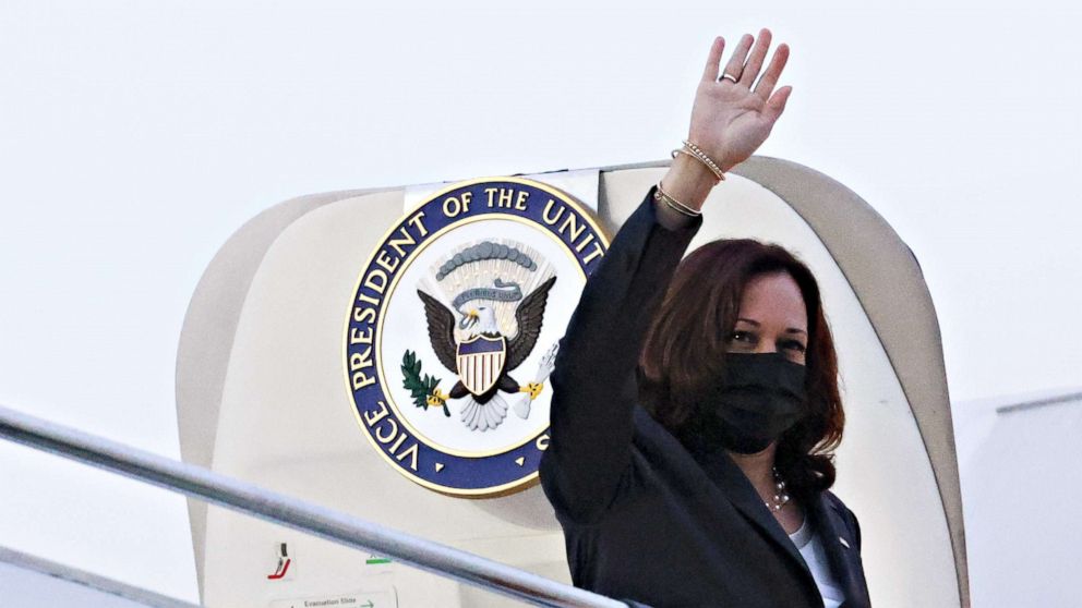 PHOTO: Vice President Kamala Harris waves as she departs Singapore for travel to Vietnam, Aug., 24, 2021.