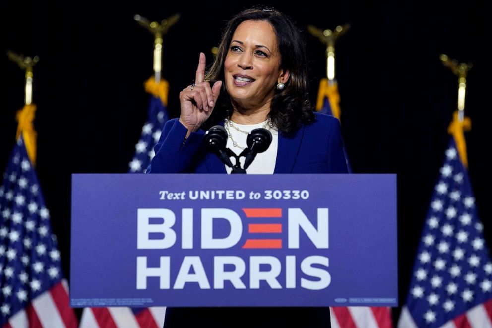PHOTO: Sen. Kamala Harris speaks after Democratic presidential candidate and former Vice President Joe Biden introduced her as his running mate during a campaign event at Alexis Dupont High School in Wilmington, Del., Aug. 12, 2020.
