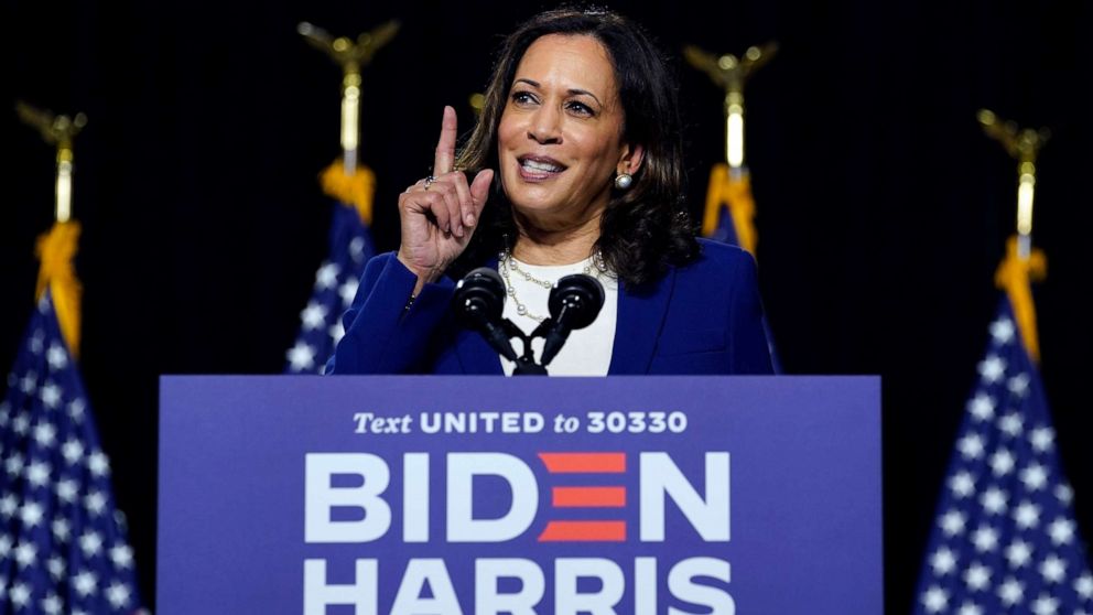 PHOTO: Sen. Kamala Harris speaks after Democratic presidential candidate and former Vice President Joe Biden introduced her as his running mate during a campaign event at Alexis Dupont High School in Wilmington, Del., Aug. 12, 2020.