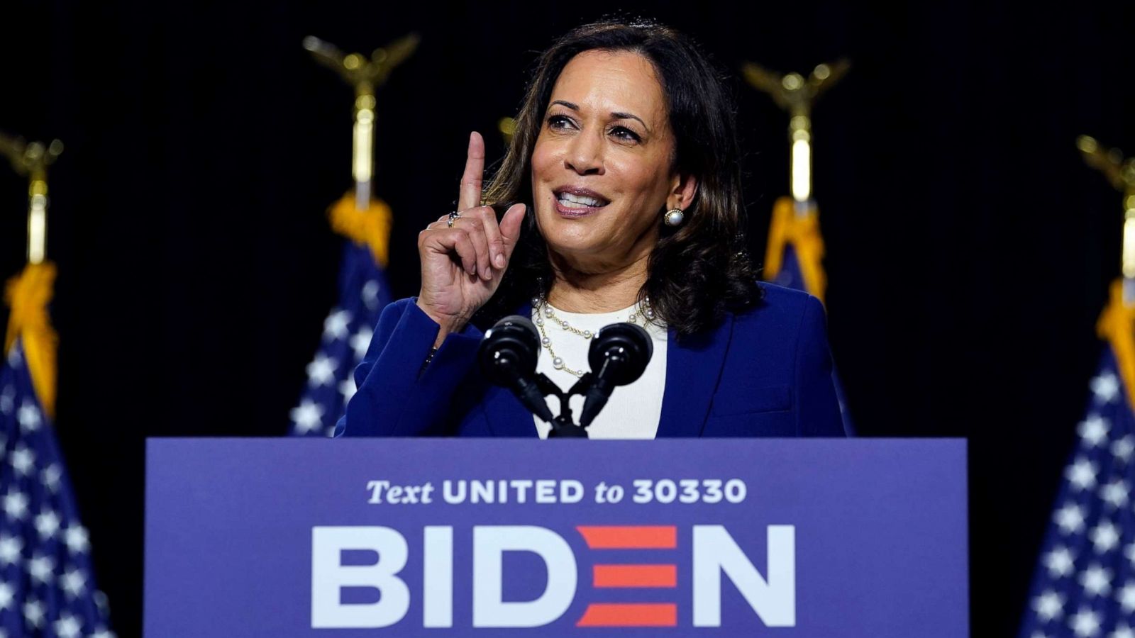 PHOTO: Sen. Kamala Harris speaks after Democratic presidential candidate and former Vice President Joe Biden introduced her as his running mate during a campaign event at Alexis Dupont High School in Wilmington, Del., Aug. 12, 2020.