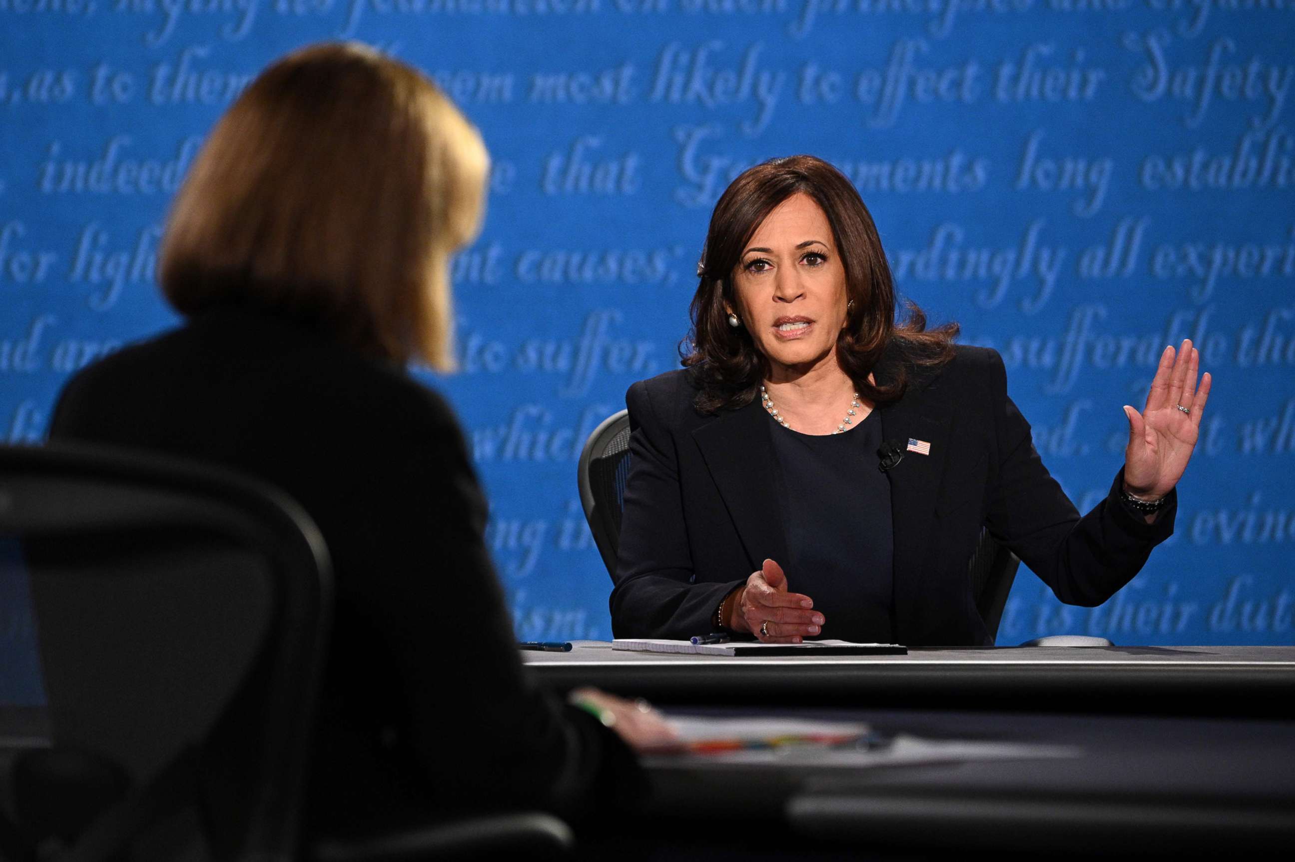 PHOTO: Democratic vice presidential nominee Sen. Kamala Harris speaks during the vice presidential debate at the University of Utah, Oct. 7, 2020, in Salt Lake City.