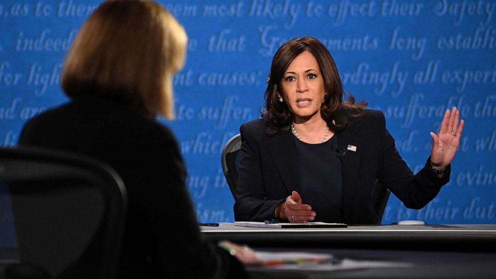 PHOTO: Democratic vice presidential nominee Sen. Kamala Harris speaks during the vice presidential debate at the University of Utah, Oct. 7, 2020, in Salt Lake City.