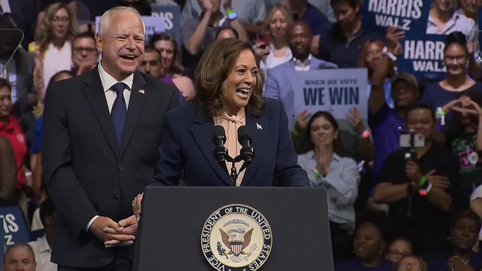 PHOTO: Democratic presidential candidate, U.S. Vice President Kamala Harris and her pick for Vice President, Gov. Tim Walz, appear at a rally in Philadelphia on Aug. 6, 2024.
