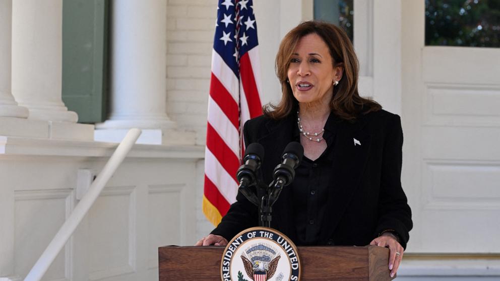 PHOTO: Vice President and Democratic presidential nominee Kamala Harris speaks at the Naval Observatory in Washington, DC, on Oct. 23, 2024.