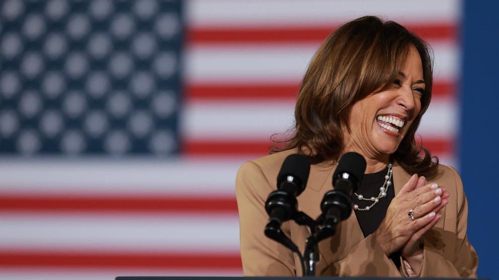 PHOTO: Democratic presidential nominee, Vice President Kamala Harris, speaks during a campaign rally at the James R Hallford Stadium on Oct. 24, 2024 in Clarkston, Ga.