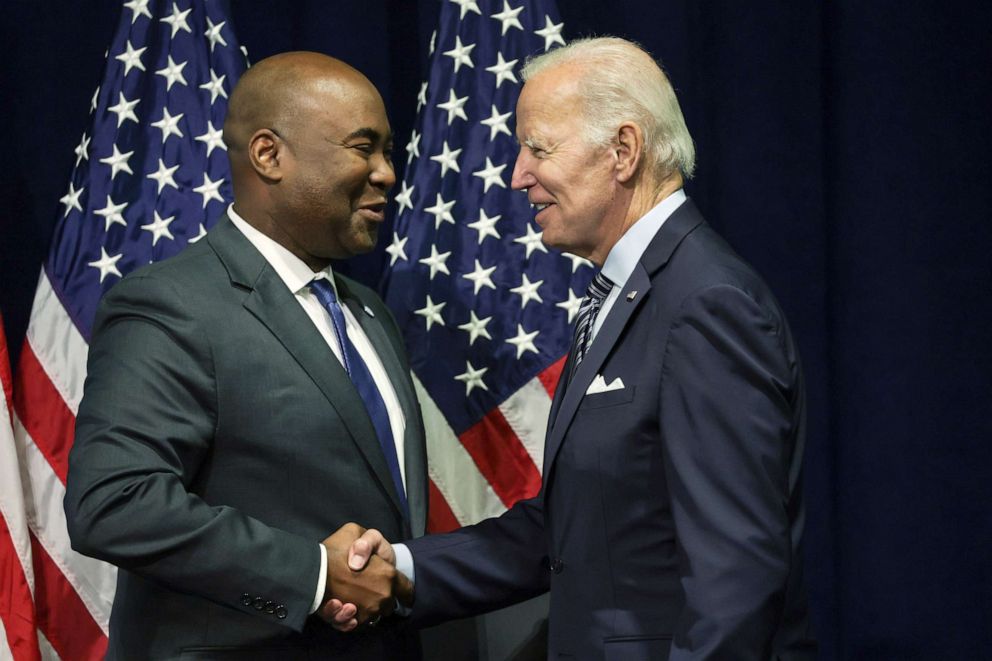 PHOTO: In this Sept. 8, 2022, file photo, President Joe Biden greets Jaime Harrison, chairman of the Democratic National Committee (DNC), at the organization's summer meeting at the Gaylord National Resort & Convention Center in National Harbor, Maryland.