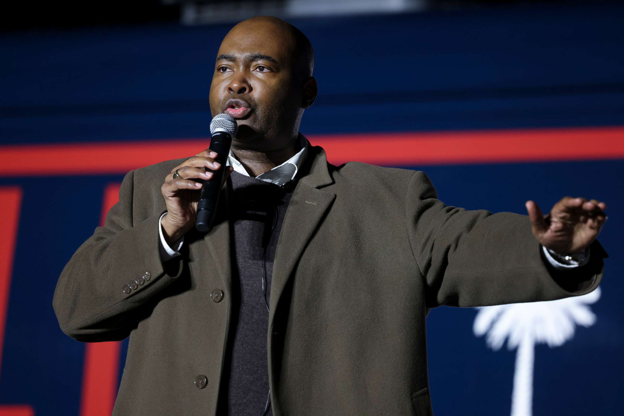 PHOTO: Democratic Senate candidate Jaime Harrison speaks to supporters at a drive-in rally at the Orangeburg County Fairgrounds, Nov. 2, 2020, in Orangeburg, S.C.