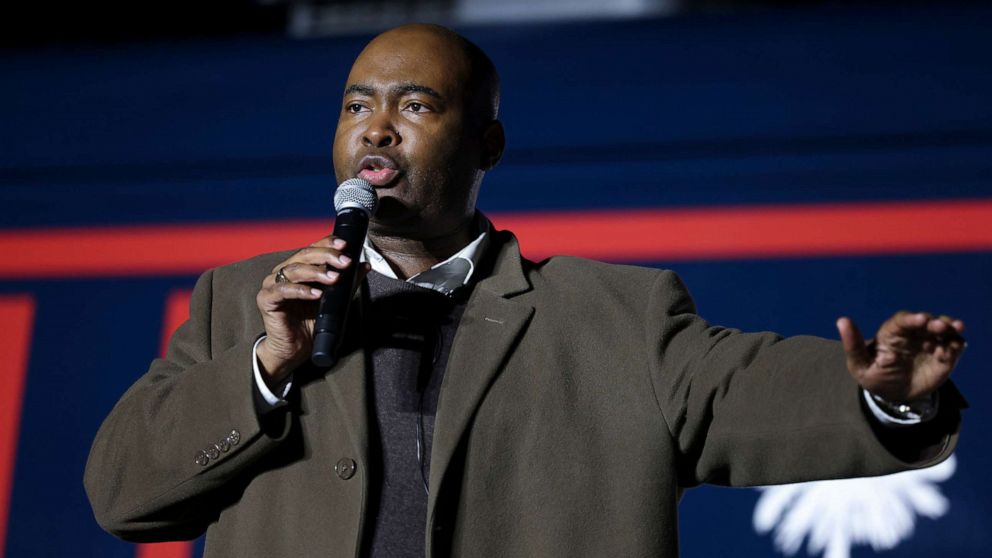 PHOTO: Democratic Senate candidate Jaime Harrison speaks to supporters at a drive-in rally at the Orangeburg County Fairgrounds, Nov. 2, 2020, in Orangeburg, S.C.