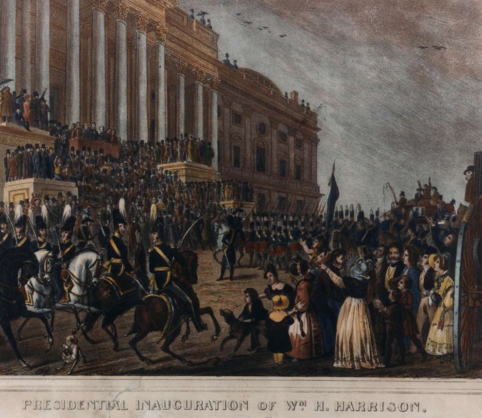 PHOTO: The color lithograph depicts William Henry Harrison's inauguration and the crowd in front of the U.S. Capitol building on March 4, 1841. It was engraved by Charles Fenderich based on a sketch done on the spot.