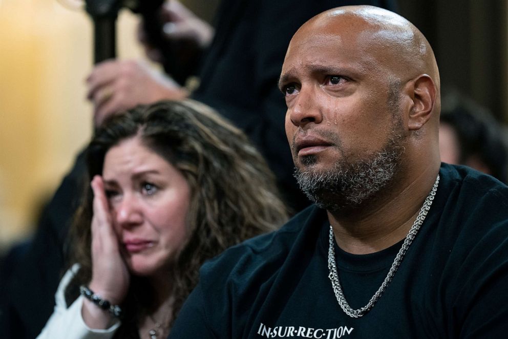 PHOTO: A video replay of the events of January 6th elicit tears on the faces of Sandra Garza, and U.S. Capitol Police Officer Harry Dunn during the Select Committee to Investigate the January 6th Attack hearing in Washington D.C., on June 9, 2022.