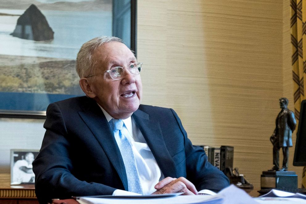 PHOTO: Former Senate Majority Leader Harry Reid speaks about Nevada politics, the presidential race and baseball during an interview in his office at the Bellagio in Las Vegas on July 2, 2019.