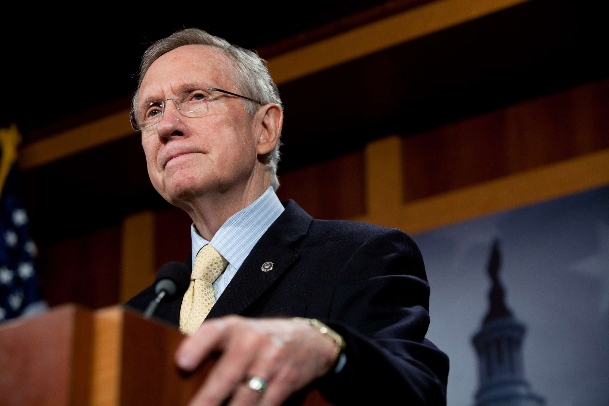 PHOTO: Senate Majority Leader Harry Reid speaks at a news conference with other senior Democratic Senators on efforts to reach an agreement on the federal budget on Capitol Hill, April 7, 2011, in Washington, DC.