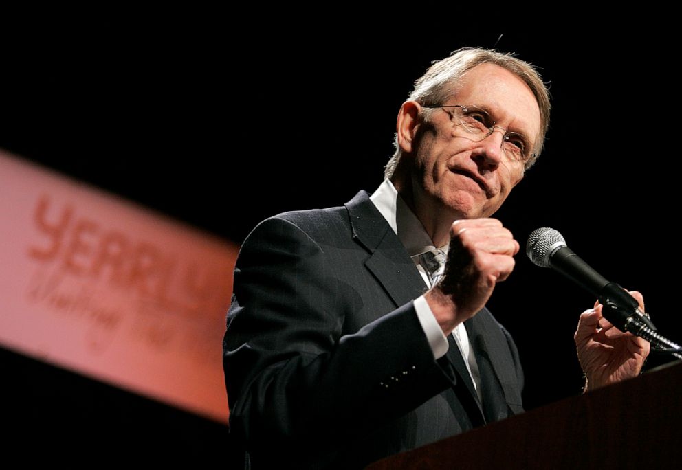 PHOTO: Senate Minority Leader Harry Reid delivers a speech at the YearlyKos convention in Las Vegas, June 10, 2006.