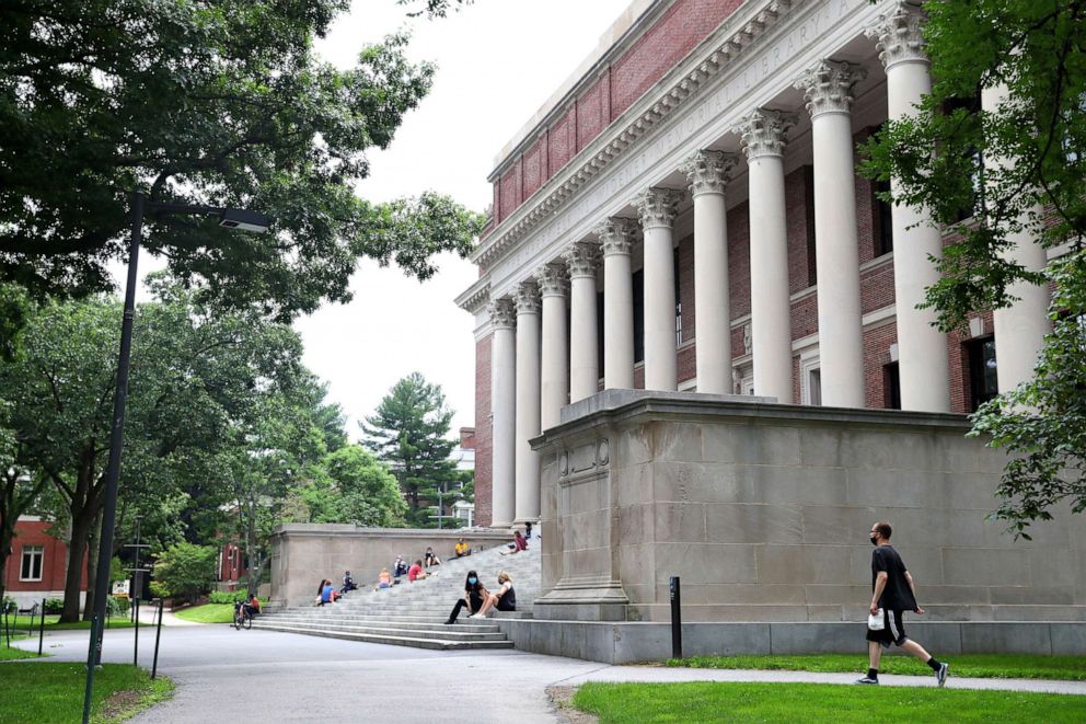 PHOTO: A view of Harvard Yard on the campus of Harvard University is shown on July 08, 2020, in Cambridge, Mass.
