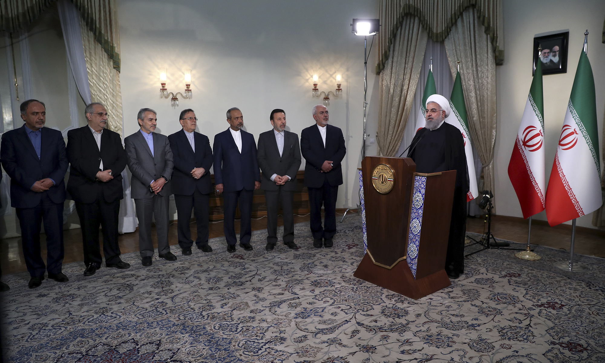 PHOTO: In this photo released by official website of the office of the Iranian Presidency, President Hassan Rouhani addresses the nation in a televised speech in Tehran, Iran, May 8, 2018.