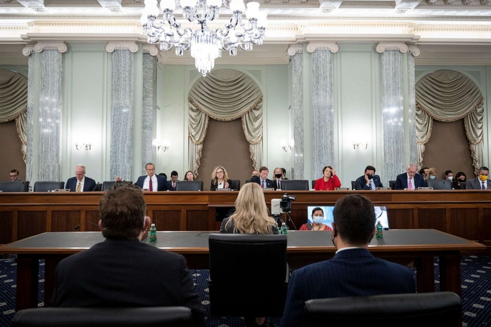 PHOTO: Former Facebook employee Frances Haugen testifies during a Senate Committee on Commerce, Science, and Transportation hearing entitled 'Protecting Kids Online: Testimony from a Facebook Whistleblower' on Capitol Hill, Oct. 5, 2021, in Washington, DC