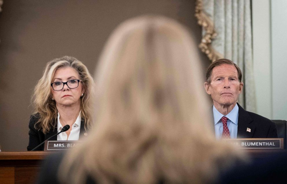 PHOTO: Sen. Marsha Blackburn and Sen. Richard Blumenthal speak to former Facebook data scientist Frances Haugen, center, during a hearing on Capitol Hill, Oct. 5, 2021, in Washington.