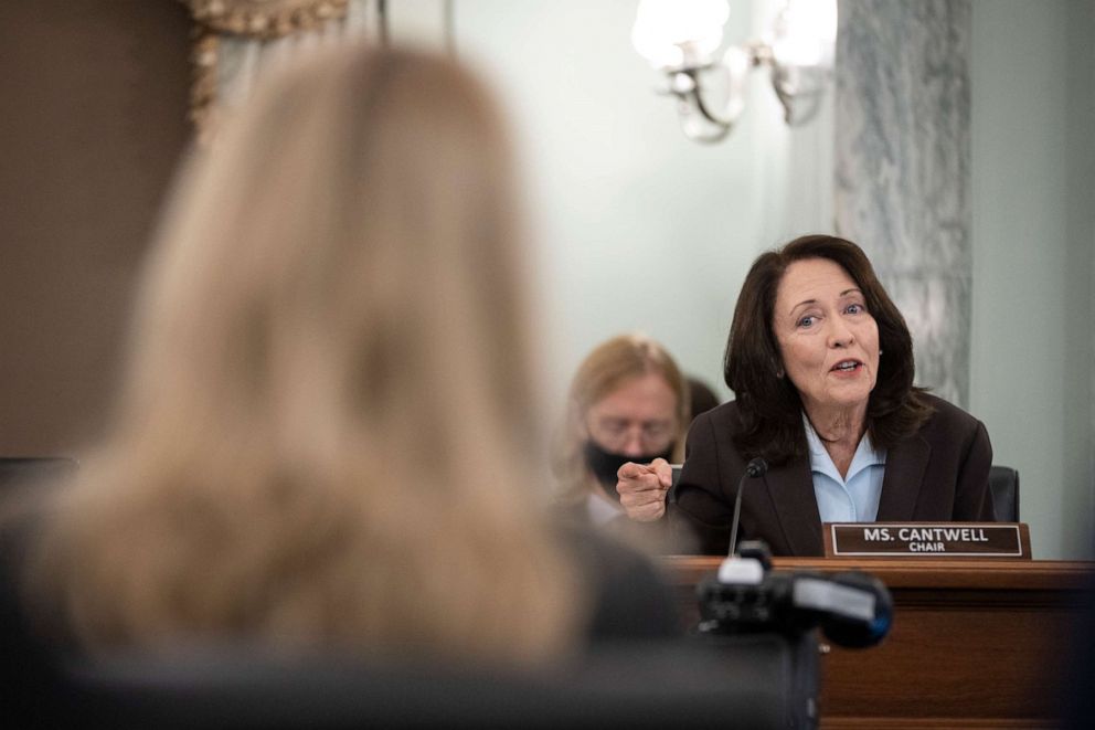 PHOTO: Sen. Maria Cantwell questions former Facebook employee Frances Haugen during a Senate Committee on Capitol Hill October 5, 2021 in Washington, DC.