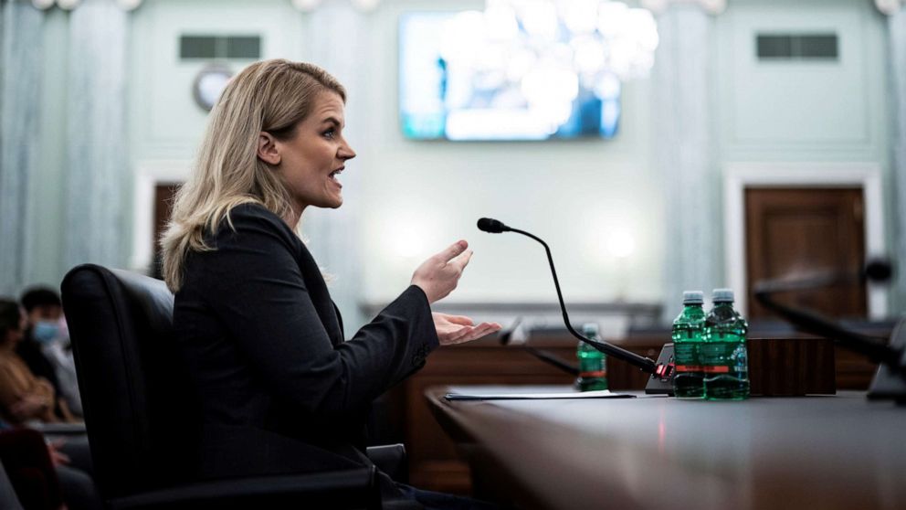 PHOTO: Former Facebook employee and whistleblower Frances Haugen testifies during a Senate Committee on Capitol Hill, in Washington, Oct. 5, 2021.