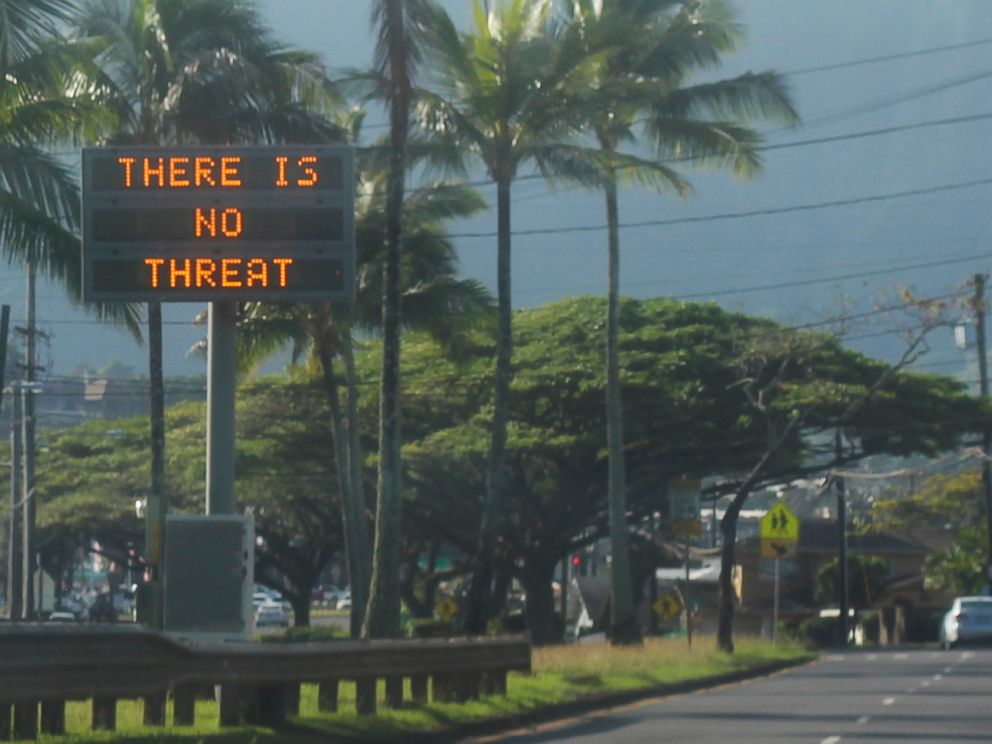 PHOTO: This Jan. 13, 2018, photo provided by Jhune Liwanag shows a highway median sign broadcasting a message of There is no threat in Kaneohe, Hawaii.