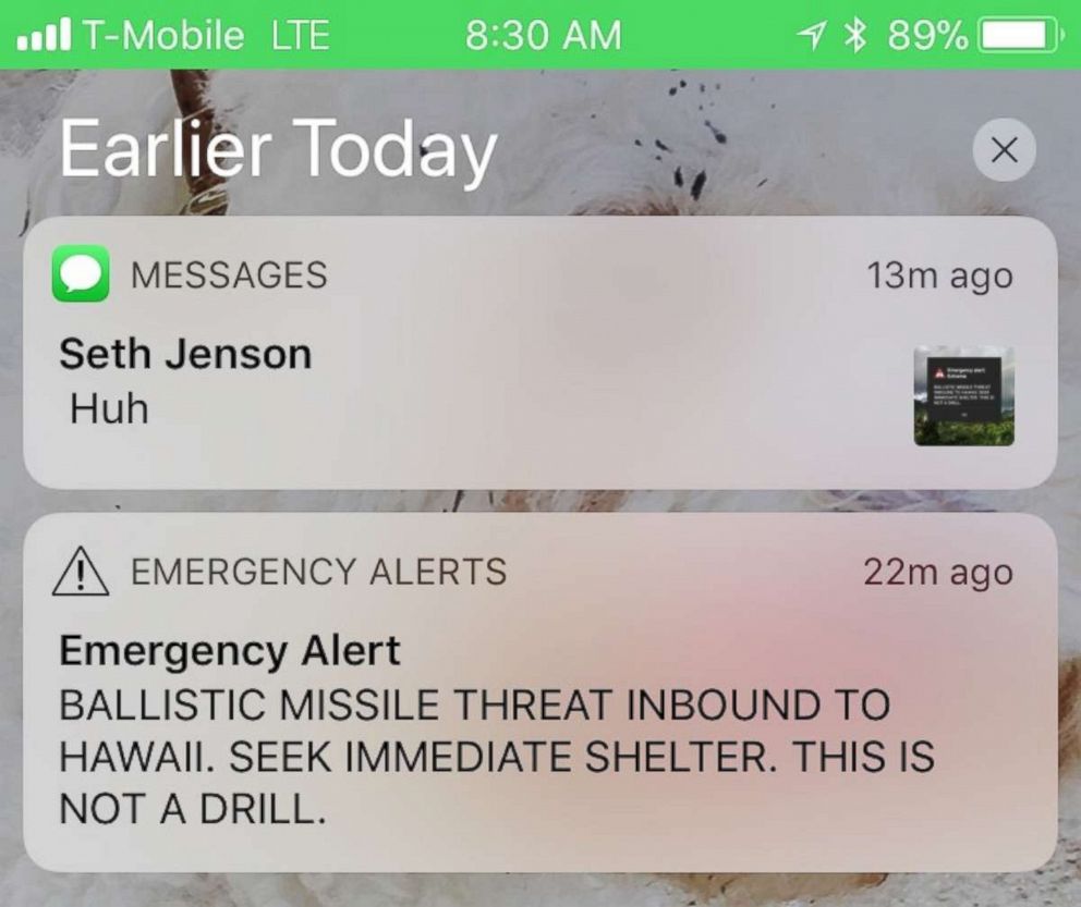PHOTO: This smartphone screen capture shows a false incoming ballistic missile emergency alert sent from the Hawaii Emergency Management Agency system, Jan. 13, 2018. 