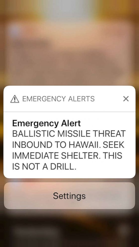 PHOTO: This smartphone screen capture shows a false incoming ballistic missile emergency alert sent from the Hawaii Emergency Management Agency system, Jan. 13, 2018. 