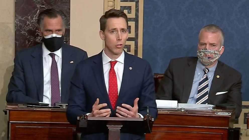 PHOTO: Sen. Josh Hawley  speaks as the Senate reconvenes after protesters stormed the Capitol, Jan. 6, 2021.