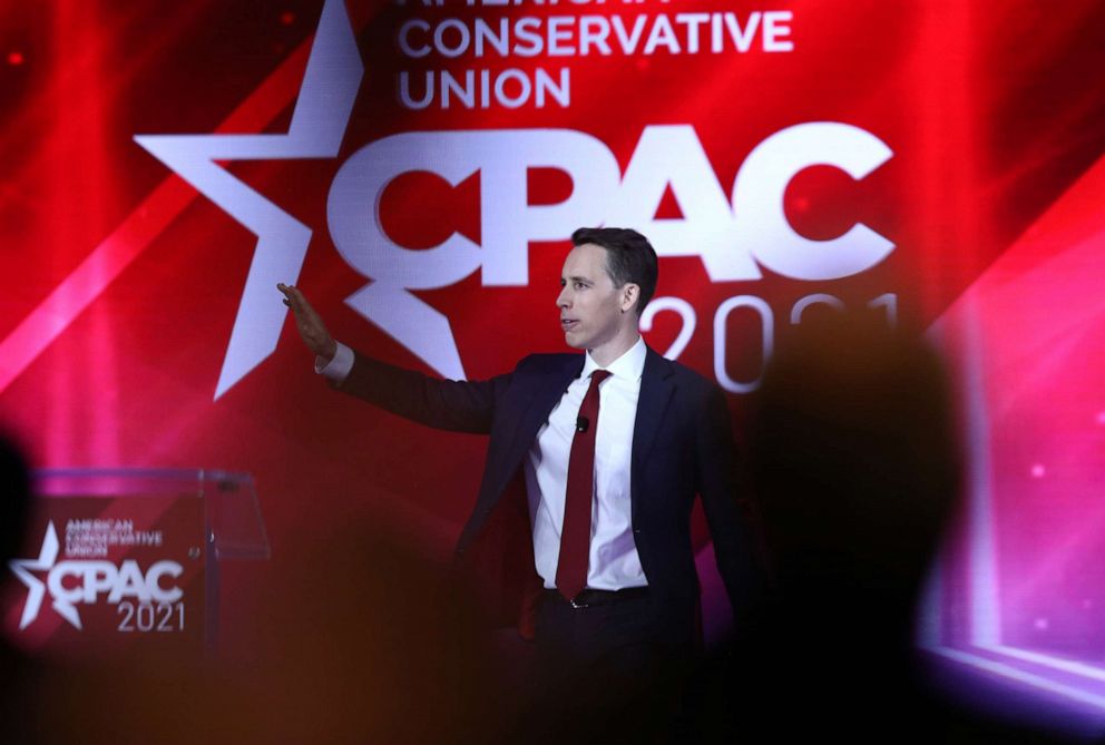 PHOTO: Sen. Josh Hawley addresses the Conservative Political Action Conference being held in the Hyatt Regency, Feb. 26, 2021, in Orlando, Fla.