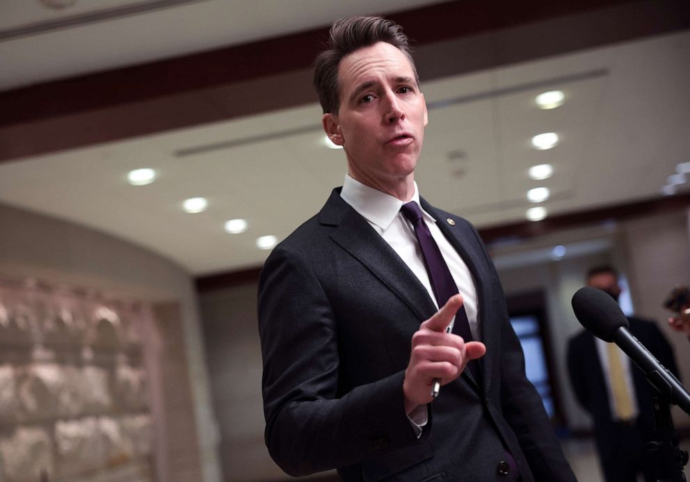 PHOTO: Sen. Josh Hawley speaks to the media as he arrives for a closed briefing on the U.S. policy in Afghanistan for members of the Senate Armed Services and Senate Foreign Relations Committees, at the Capitol, Feb. 2, 2022.