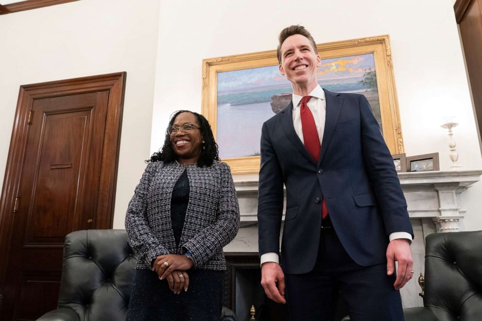 PHOTO: FILE - Supreme Court nominee Judge Ketanji Brown Jackson, left, and Sen. Josh Hawley, R-Mo., stand before their meeting on Capitol Hill, March 9, 2022, in Washington. Judge Jackson's confirmation hearing starts March 21. 