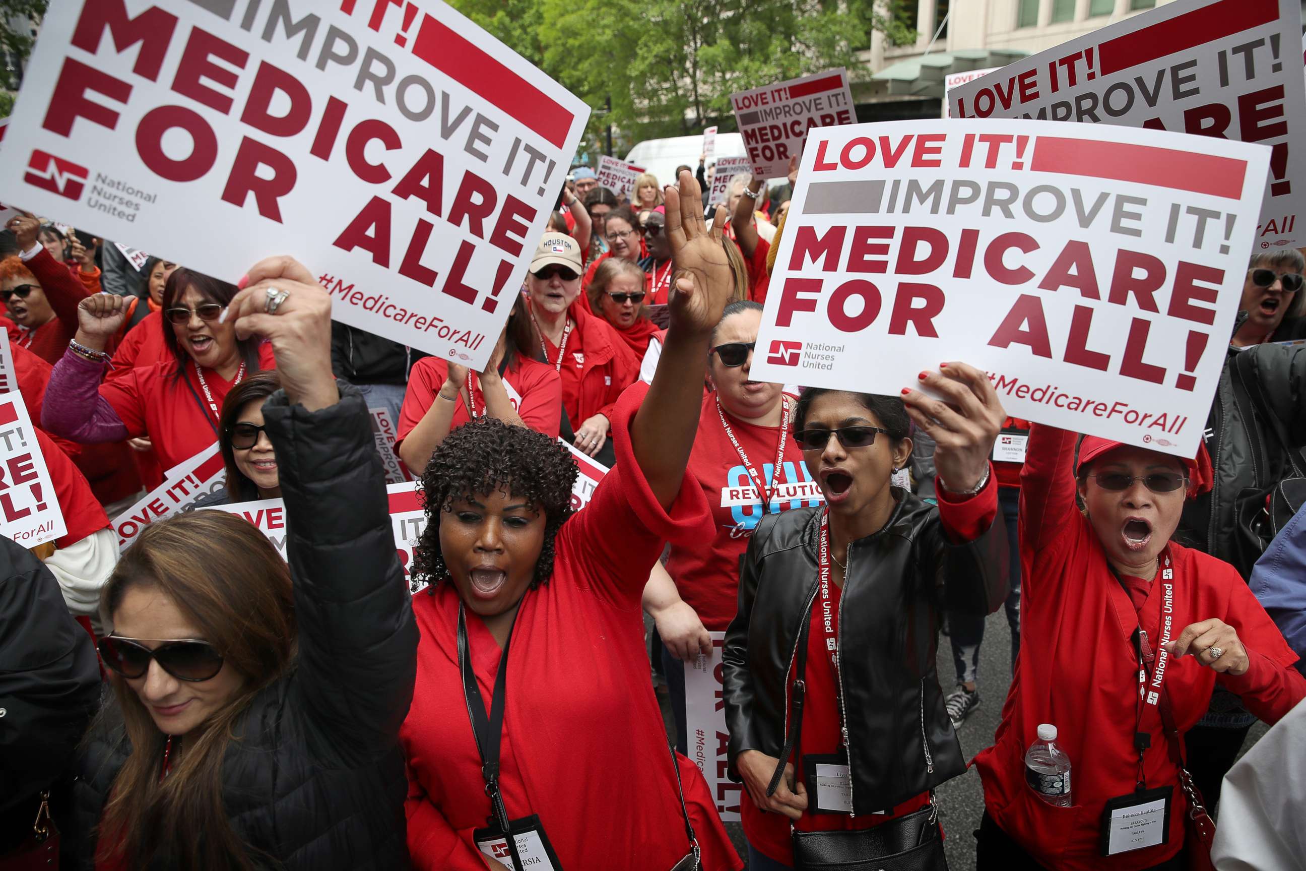 PHOTO: Protesters supporting Medicare for All hold a rally outside PhRMA headquarters April 29, 2019 in Washington, D.C.