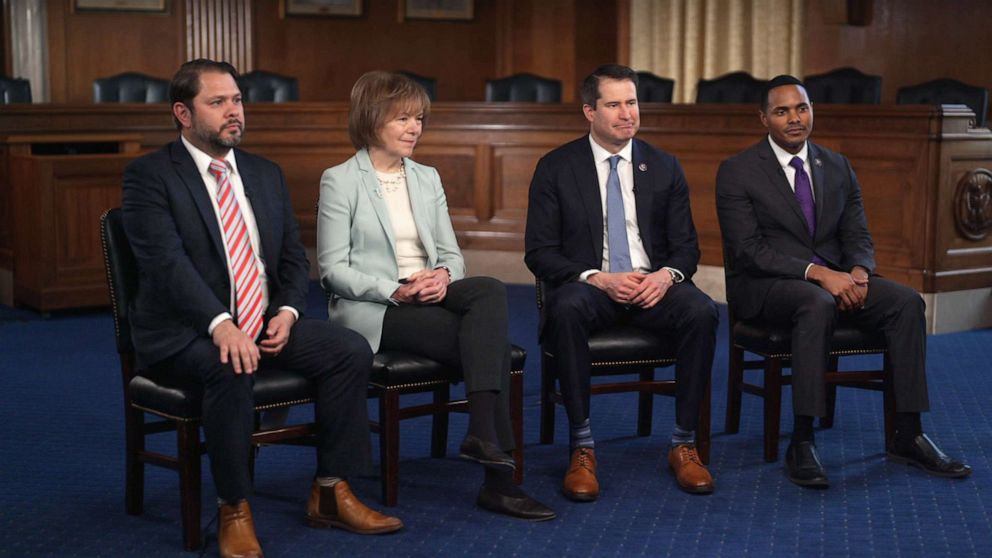 PHOTO: From left, Rep. Ruben Gallego, Sen. Tina Smith, Rep. Seth Moulton and Rep. Richie Torres, talk about mental health, during a discussion with ABC News, March 23, 2023.