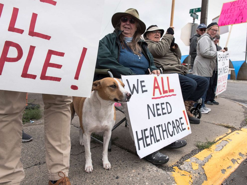 PHOTO: Protesters hold a small peaceful demonstration in support of health care on Sept. 23, 2017 in Livingston, Montana. The state of Montana expanded Medicaid under the Affordable Care Act.