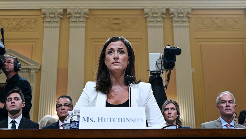 PHOTO: Cassidy Hutchinson, a top former aide to Trump White House Chief of Staff Mark Meadows, testifies during the sixth hearing by the House Select Committee to Investigate the January 6th Attack on the Capitol, June 28, 2022.
