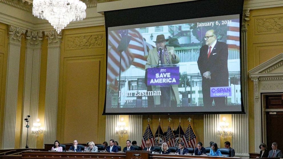 PHOTO: A video showing attorney John Eastman is displayed on a screen as the House select committee investigating the Jan. 6, 2021, attack on the Capitol holds a hearing at the Capitol, June 16, 2022. 