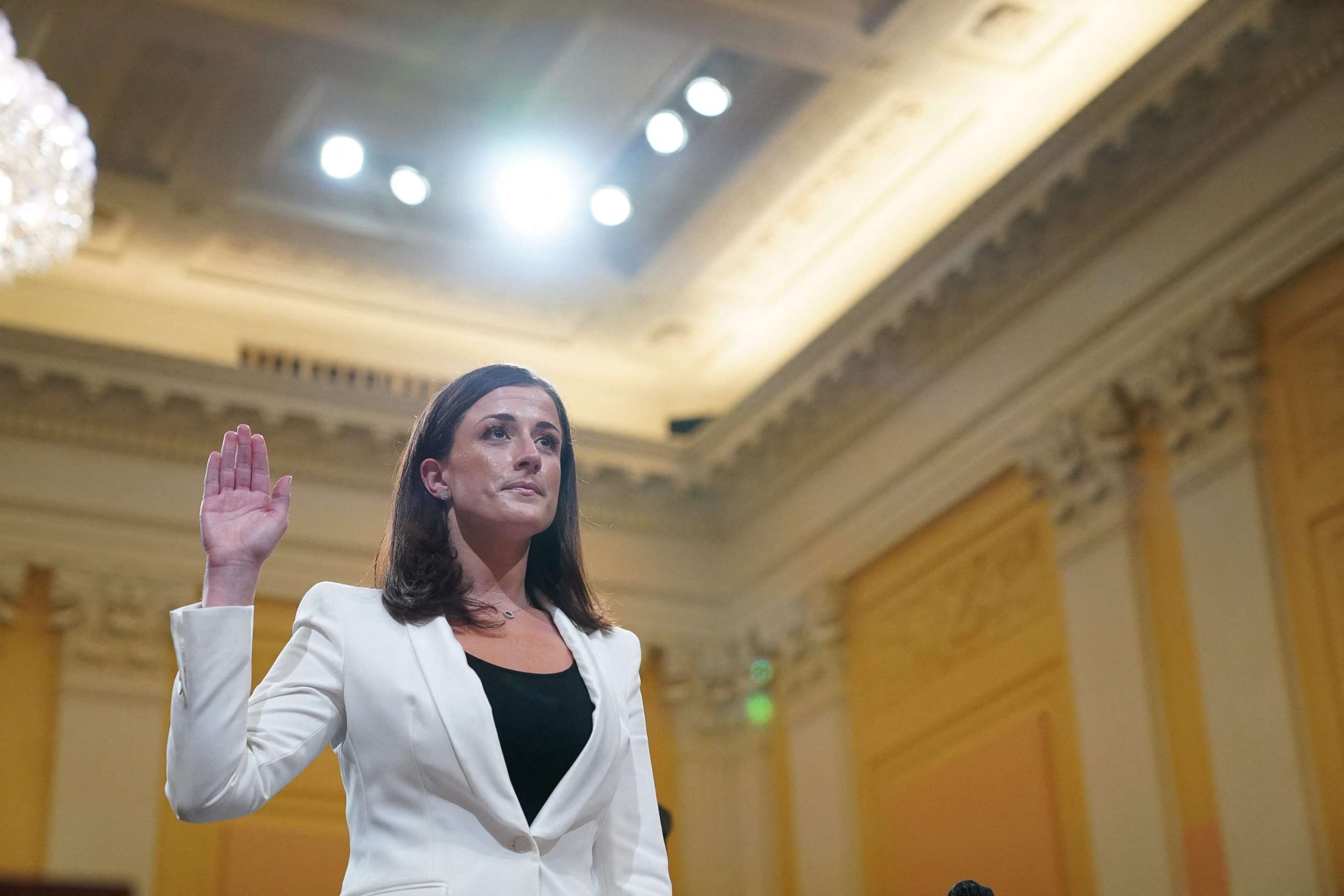 PHOTO: Cassidy Hutchinson, an aide to then White House chief of staff Mark Meadows, is sworn in during a House Select Committee hearing to Investigate the January 6th Attack on the Capitol, June 28, 2022.