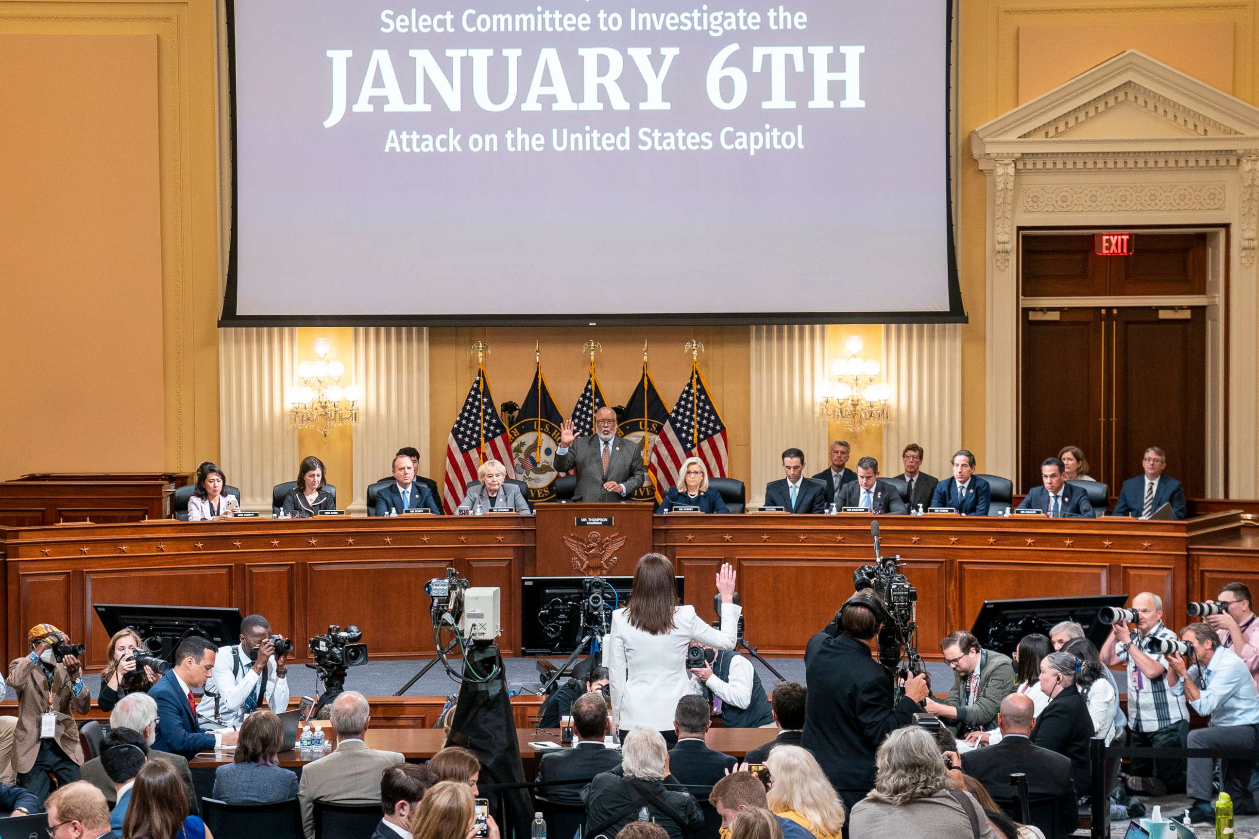 PHOTO: Chair Rep. Bennie Thompson swears in Cassidy Hutchinson, a top former aide to Trump White House Chief of Staff Mark Meadows, during the sixth hearing held by the Select Committee to Investigate the January 6th Attack on the Capitol, June 28, 2022.