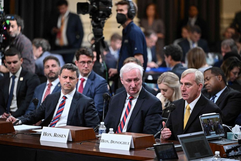 PHOTO: Richard Donoghue testifies flanked by Jeffrey A. Rosen and Steven Engel during the fifth hearing by the House Select Committee to Investigate the January 6th Attack on the Capitol, June 23, 2022. 