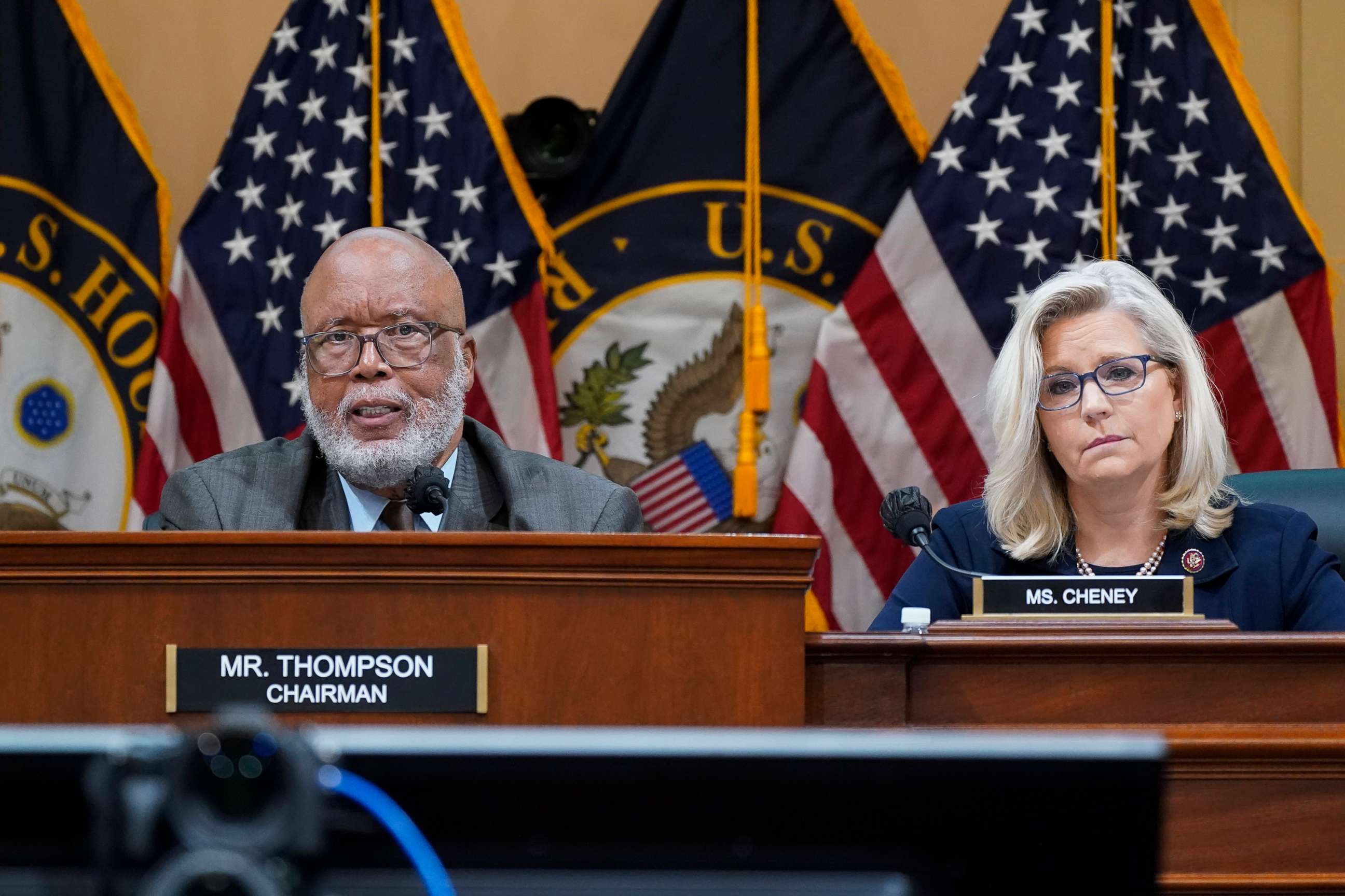 PHOTO: Chairman Bennie Thompson speaks as the House select committee investigating the Jan. 6 attack on the Capitol holds a hearing at the Capitol, June 28, 2022. Vice Chair Liz Cheney, listens at right. 