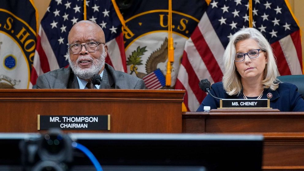 PHOTO: Chairman Bennie Thompson speaks as the House select committee investigating the Jan. 6 attack on the Capitol holds a hearing at the Capitol, June 28, 2022. Vice Chair Liz Cheney, listens at right. 